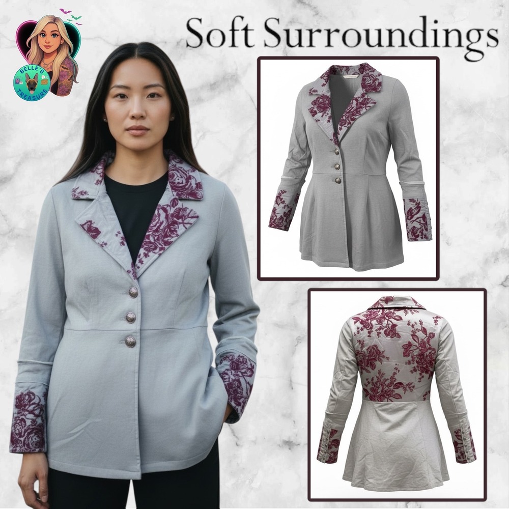 Soft Surroundings Grandeur Jacket Medium Grey Purple Floral Butterfly Blazer